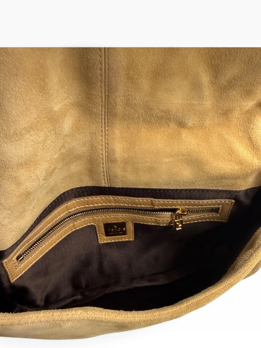 Fendi FF Logo Buttery Soft Camel Suede Baguette Bag Tan Gold